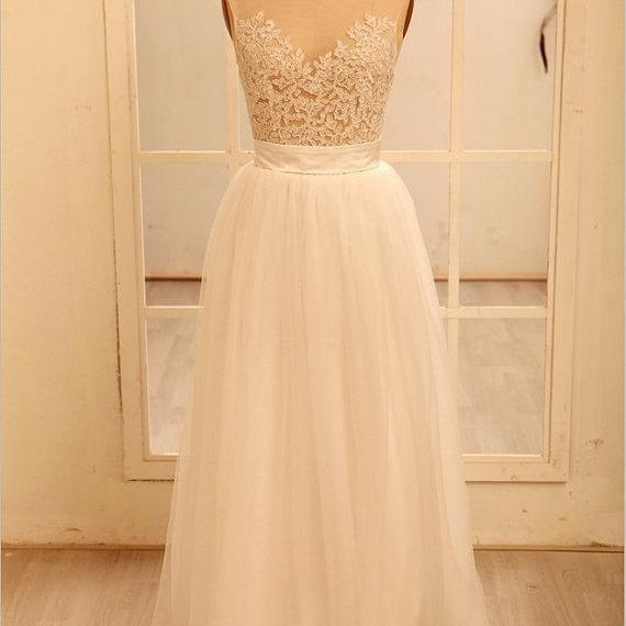 Custom Made A Line Round Necklace Lace Wedding Dresses, Deep V Neck