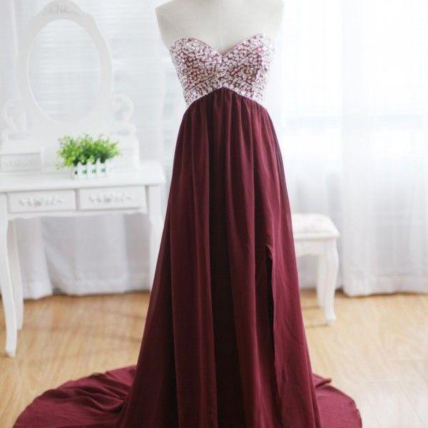 Custom Made A Line Maroon Sweep Train Prom Dresses Formal Dresses